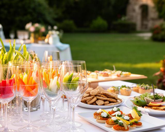 Aperitivo all'aperto in un giardino per matrimonio con calici, crudité e piccoli assaggi