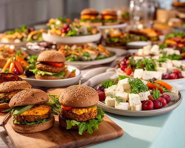 Buffet vegano con burger di legumi e formaggi vegetali allestito per un evento privato a Verona