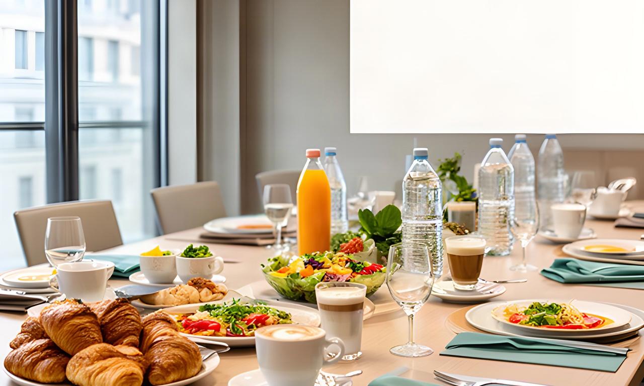 Tavolo per meeting aziendale a Verona con coffee break, piatti freschi e allestimento professionale