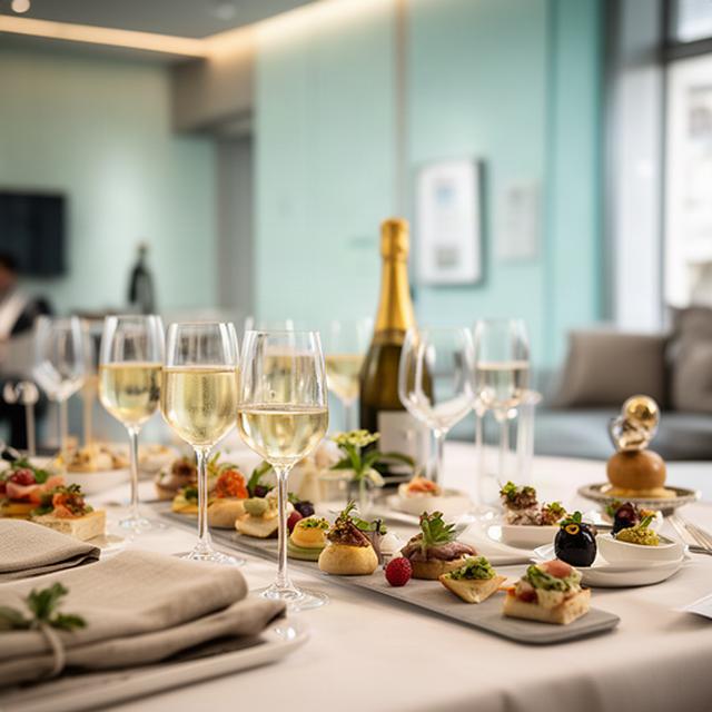 Tavolo di benvenuto per inaugurazione a Verona con calici, bollicine e finger food raffinati