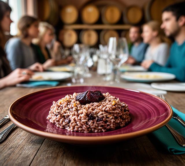 Risotto all'Amarone servito in piatto artigianale durante un pranzo di gruppo in una cantina veronese