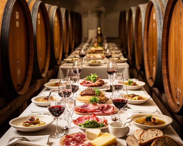 Tavola apparecchiata tra botti di legno per una degustazione con piatti veronesi