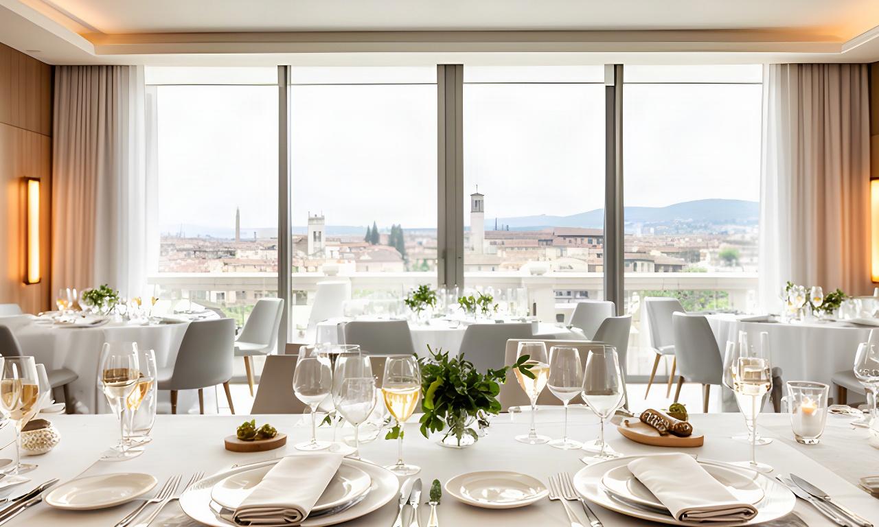 Cena di gala con mise en place chiara in una sala di hotel a Verona