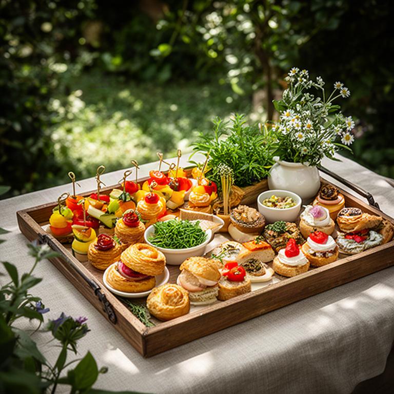 Vassoio di finger food stagionale apparecchiato in un giardino privato di Verona