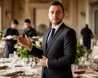 Maître in abito scuro mentre coordina il servizio in una sala per eventi a Verona