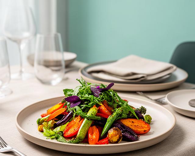 Piatto vegano colorato con verdure di stagione su un tavolo apparecchiato per un evento a Verona