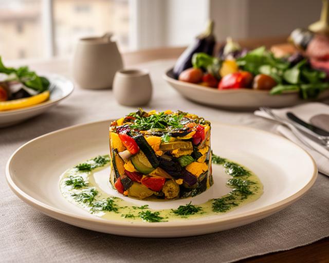 Sformato vegetariano con verdure stagionali e salsa alle erbe in un servizio catering a Verona