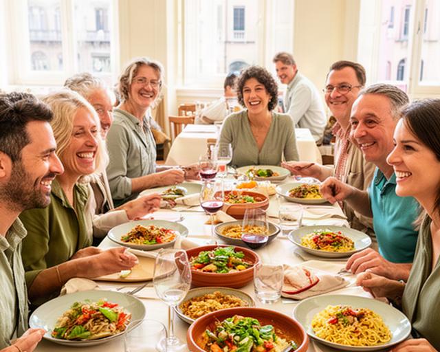 Gruppo turistico riunito a pranzo in una sala luminosa con portate della cucina veronese