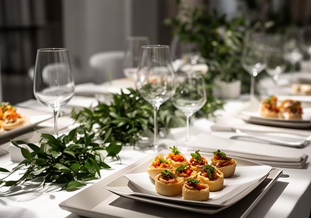 Tavola moderna per cresima a Verona con piatti finger food, bicchieri e decorazioni verdi