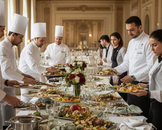 Team di catering al lavoro in una sala ricevimenti di Verona mentre prepara un elegante buffet