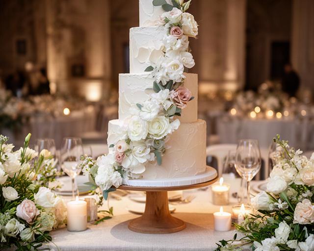 Torta nuziale a più piani su tavolo decorato con fiori freschi durante un ricevimento veronese